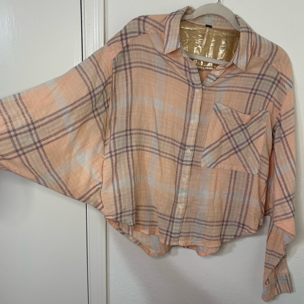 Free People Cutie Cropped Plaid Shirt Oversized Dolman Sleeve Top Size Medium - Picture 8 of 16